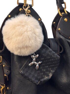 NEW Black and White Woven Pouch Balloon Dog Pom Pom Bag Charm Keychain Set